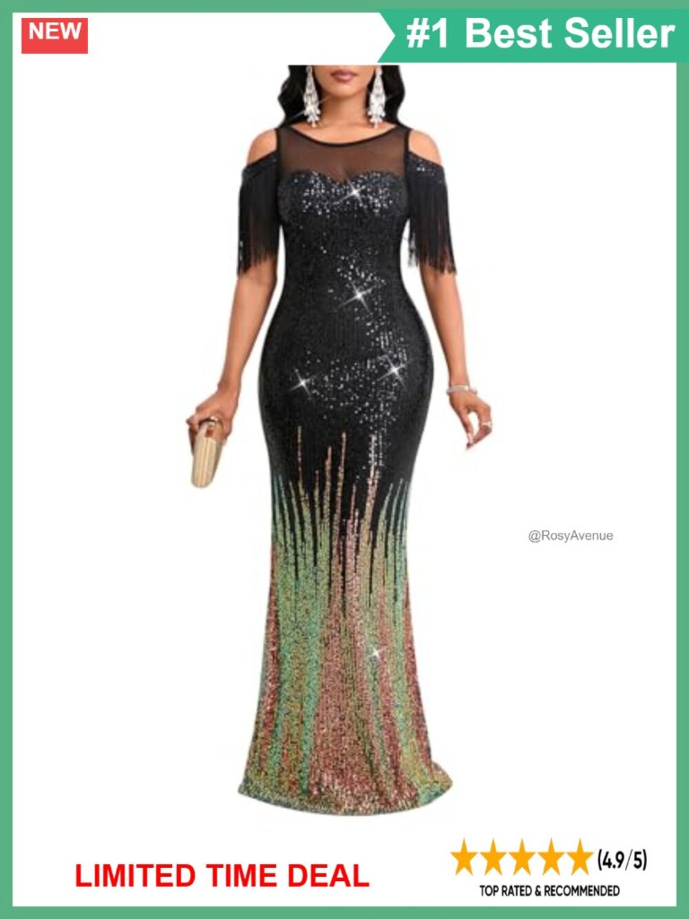 Sequin Cold Shoulder Fringe Maxi Mermaid Gown Formal Evening Dress